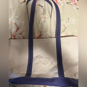 Vintage LL Bean Tote Bag XL Cream/Purple Canvas Dog Embroidered